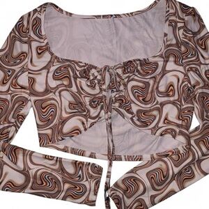 White/brown Long Sleeve Crop Blouse with Tie Front